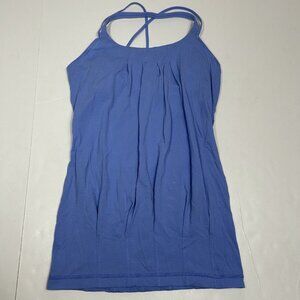 Lululemon Flow and Go Tank Blue Built-in Bra Halter Strappy Drape Back Sz 2 Flaw